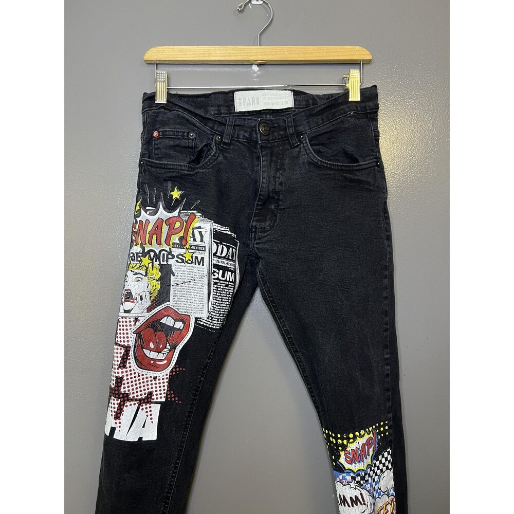 SPARK Jeans Mens 30x30 Black Skinny Fit Stretch Denim Comic Graphic Pop Art